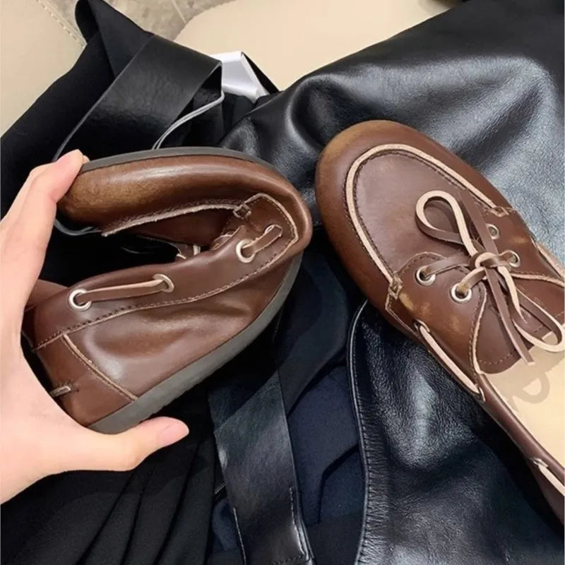 Women's Loafers Shoes Genuine Leather High Quality Round Toe Soft Bottom Flat Shoes Lace Up Breathable Ladies Casual Shoes 2026