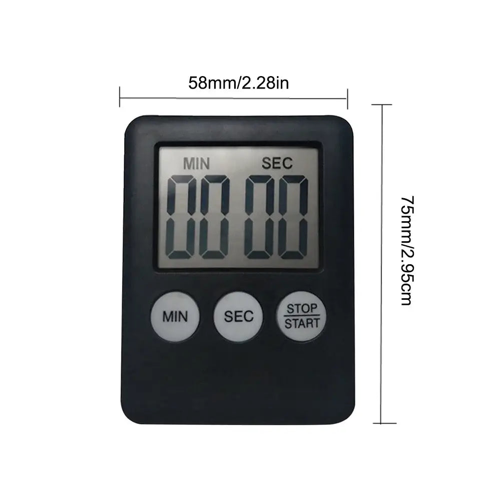 Black digital kitchen timer with a rectangular body, silver display screen showing 00 00, and three white circular buttons labeled min, sec, and stop/start for precise time measurement and magnetic attachment.
