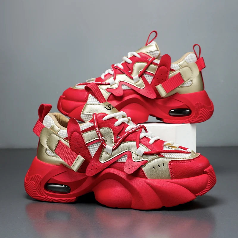 Men's Casual Sneakers with Large Mesh Breathable Upper, Metallic Texture and Contrasting Color Stitching, and Trendy Webbing Accents. Thick Air-Cushioned Soles Provide Both Height Increase and Shock Absorption, Making Them Su