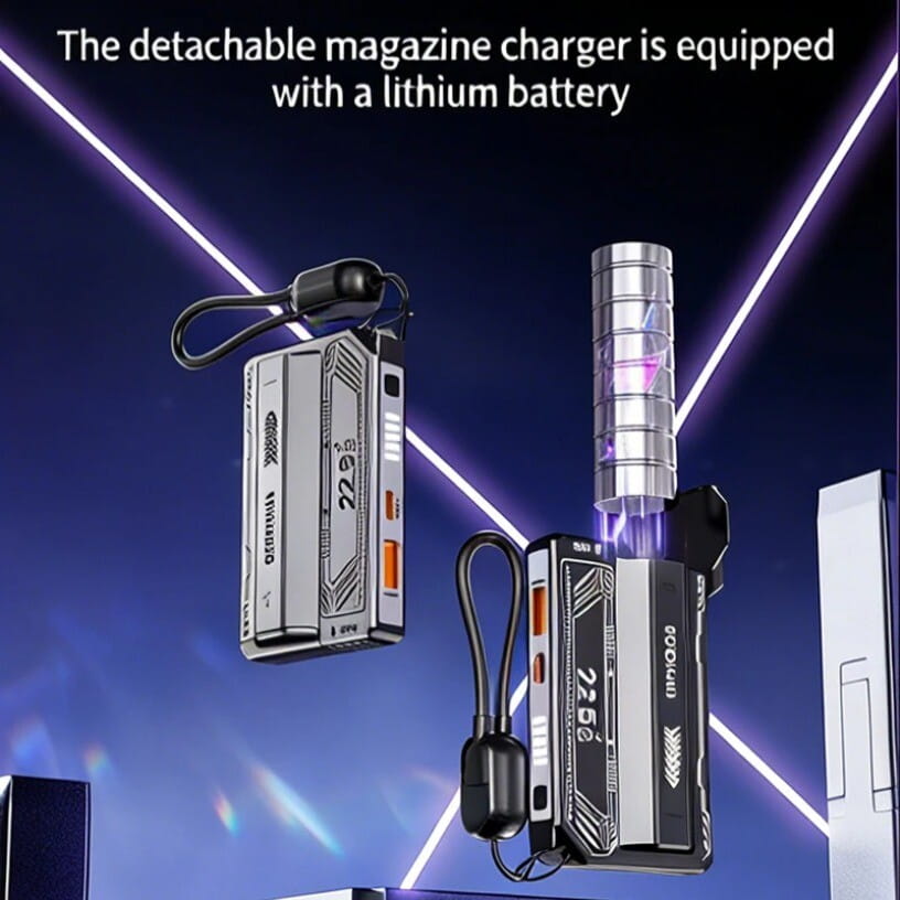 Banco de energía desmontable tipo cargador para cartucho plateado y negro con batería de litio y diseño metálico elegante para carga rápida de 22.5 W.