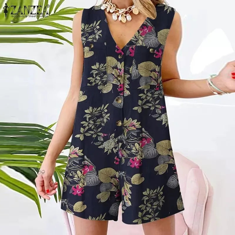 Women Bohemian Floral Printed Jumpsuits Female Casual Holiday Playsuits Loose Rompers Summer V Neck Sleeveless Rompers