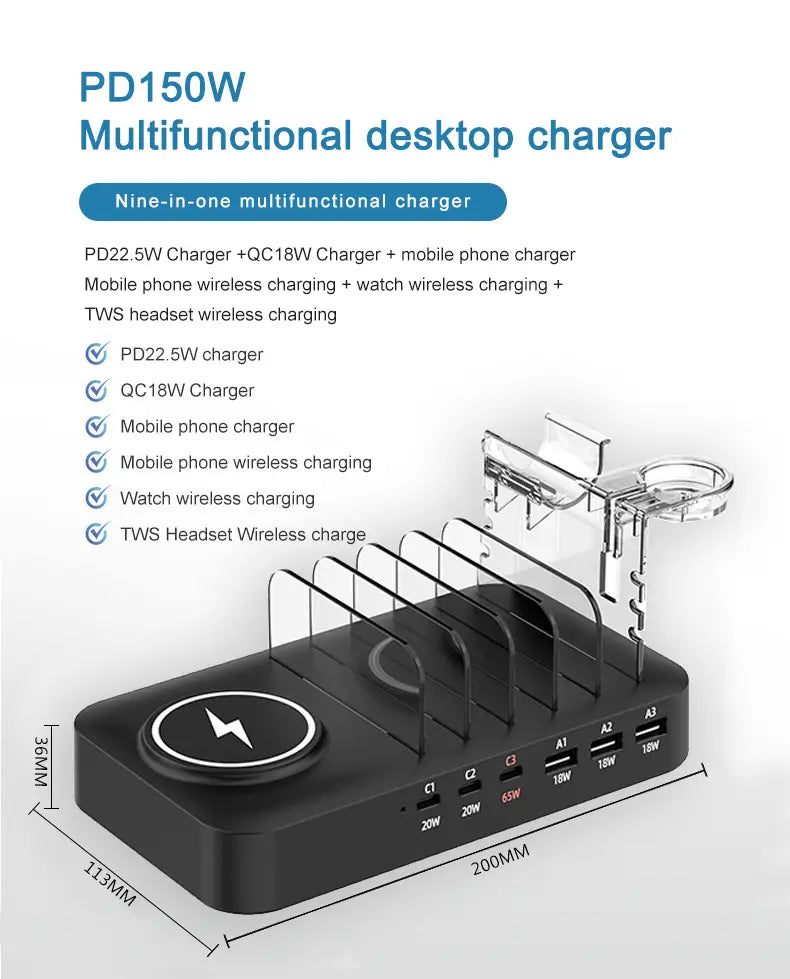 Cargador multifuncional de escritorio negro pd150w con varios puertos USB y almohadillas de carga inalámbrica, diseñado para la carga rápida de varios dispositivos sin necesidad de cables de carga.