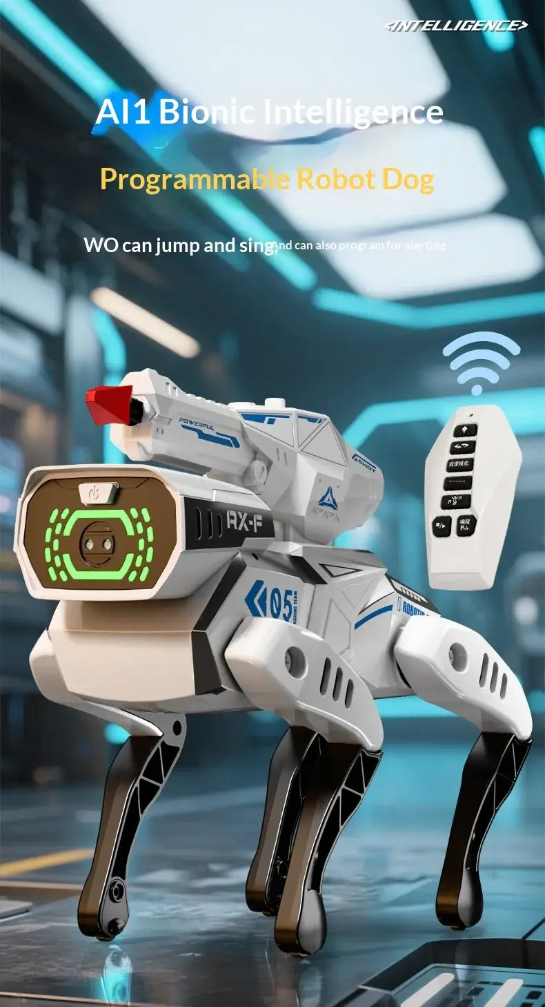 Interactive robotic dog toy in white and blue with black accents featuring voice control, a glowing green display on its chest, and a red laser cannon.