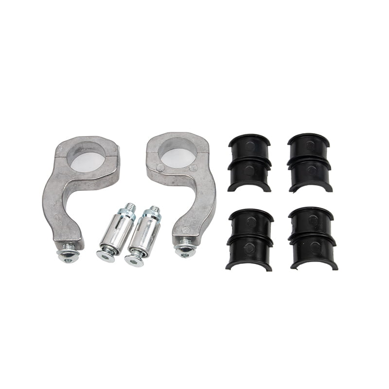 Silver metal motorcycle handlebar clamps with black rubber bushings and mounting hardware for universal dirt bike handguard mounting kit.
