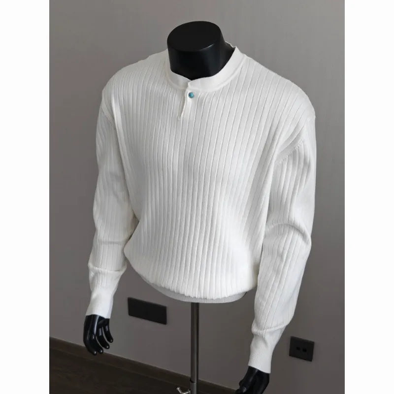 Men's Loose Textured Knit Sweater Spring Autumn American Style Casual Solid Color Inner Top