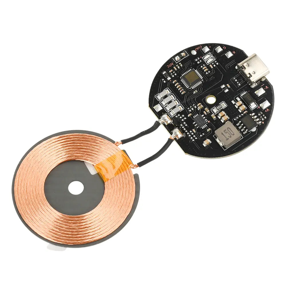 Wireless charging module 20w car pcba featuring copper wireless charging coils and a black circuit board with a usb-c port and automatic recognition capabilities.