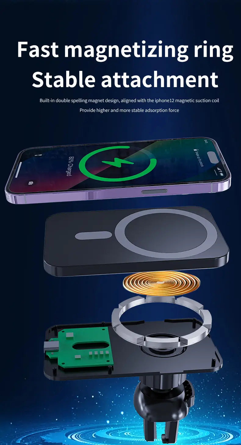 Black magnetic car mount with silver ring showing the back side of the Vikefon magnetic car wireless charger for iPhone featuring green circuit board components.