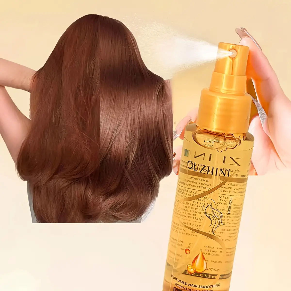 spray esencial de aceite esencial para el cuidado del cabello, fragancia dorada, 100 ml, con un cuerpo transparente y elegante y una boquilla naranja etiquetada ouzhini, para alisar y cuidar el cabello, uso de aceite esencial