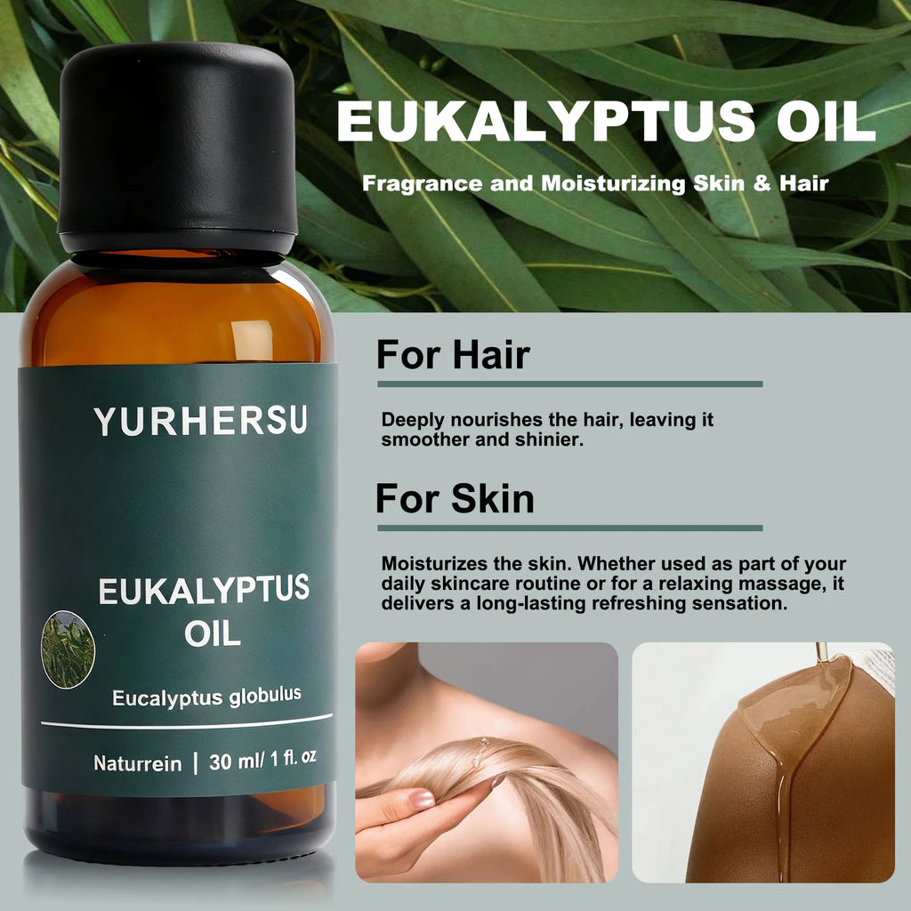 100% Pure Natural Eucalyptus Oil for Diffuser, Relaxation, Cold Relief, Skin & Hair Care, 30ml Bottle