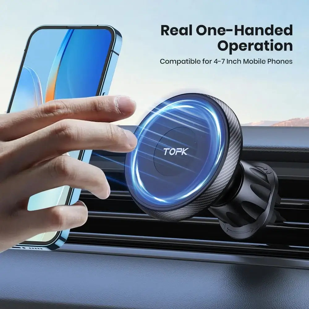 Black carbon fiber-textured magsafe car phone mount with blue glowing ring and magnetic premium quality design