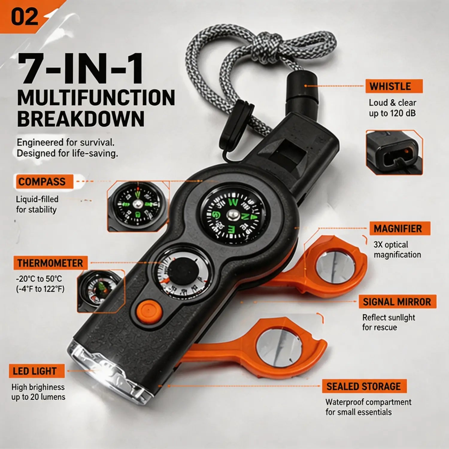 Black and orange 7-in-1 outdoor survival whistle and multitool featuring an integrated compass thermometer led light whistle magnifier signal mirror and sealed storage compartment.