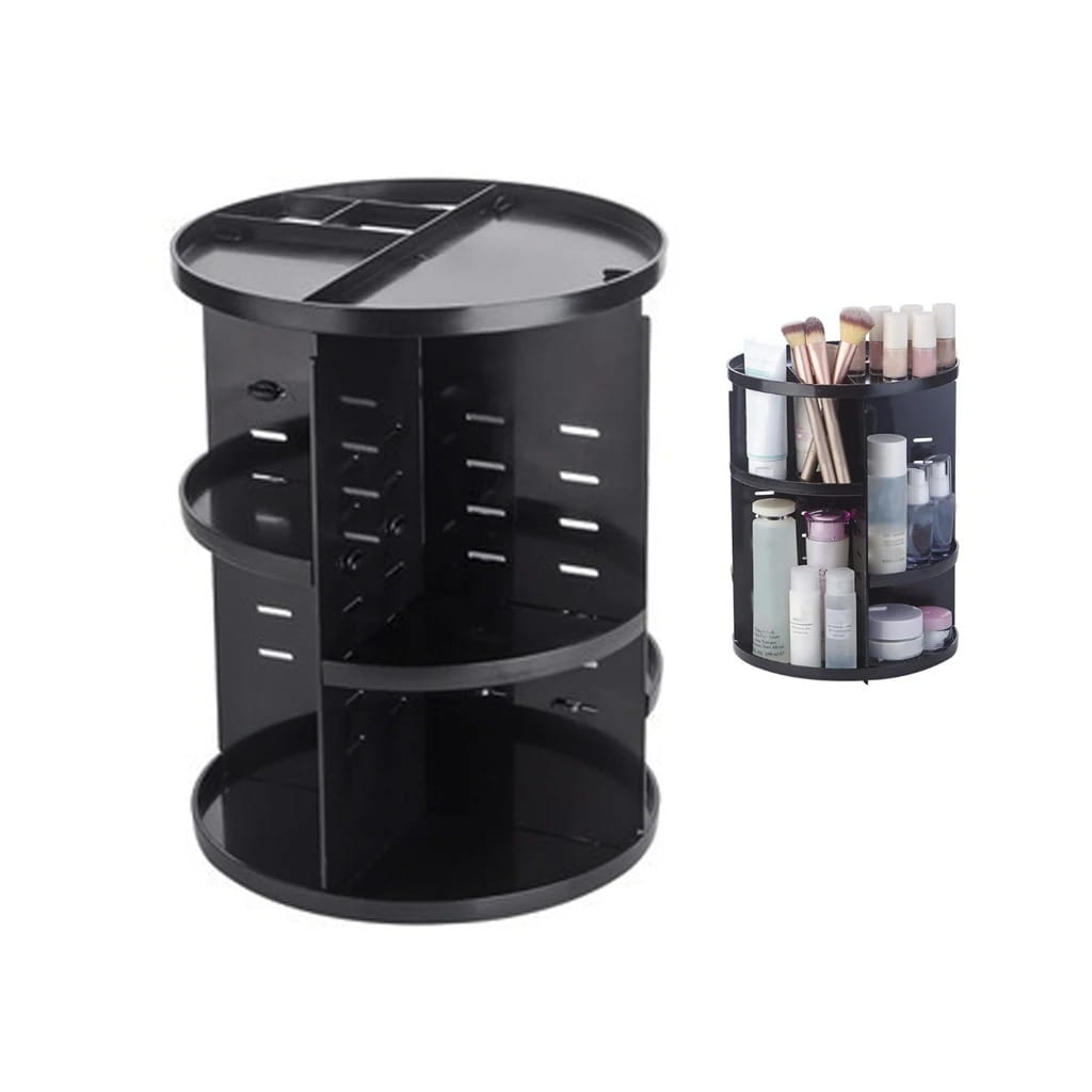 Organisateur de maquillage tournant en plastique noir à plusieurs niveaux, au design moderne et épuré, avec panneaux latéraux perforés, pour un stockage cosmétique à 360 degrés.