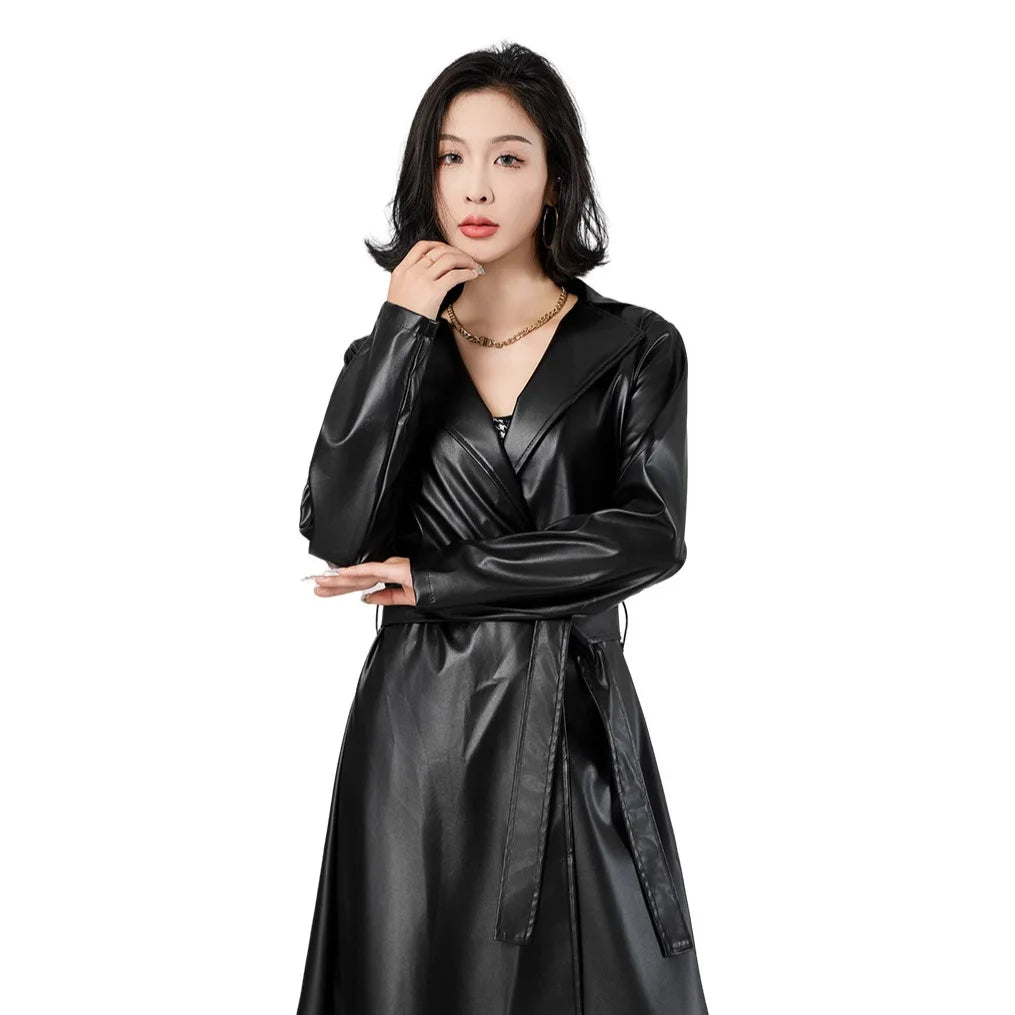 Faux Leather Coats Women Trench Jacket Pu Outerwear Belt Tight Waist Turn Down Collar Autumn Punk Streetwear Windbreaker