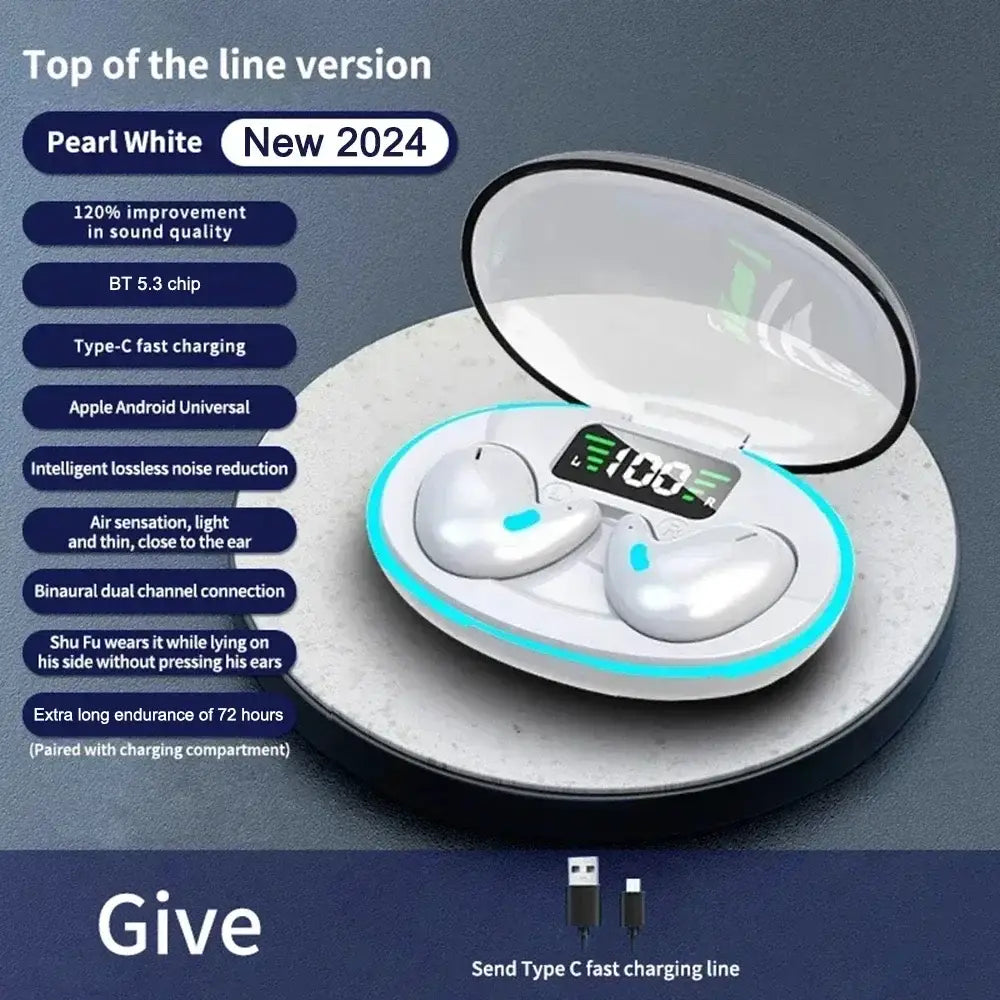 Pearl white wireless sleeping earbuds Bluetooth 5.3 mini headphones in a sleek oval charging case with a glowing blue accent ring and digital display.