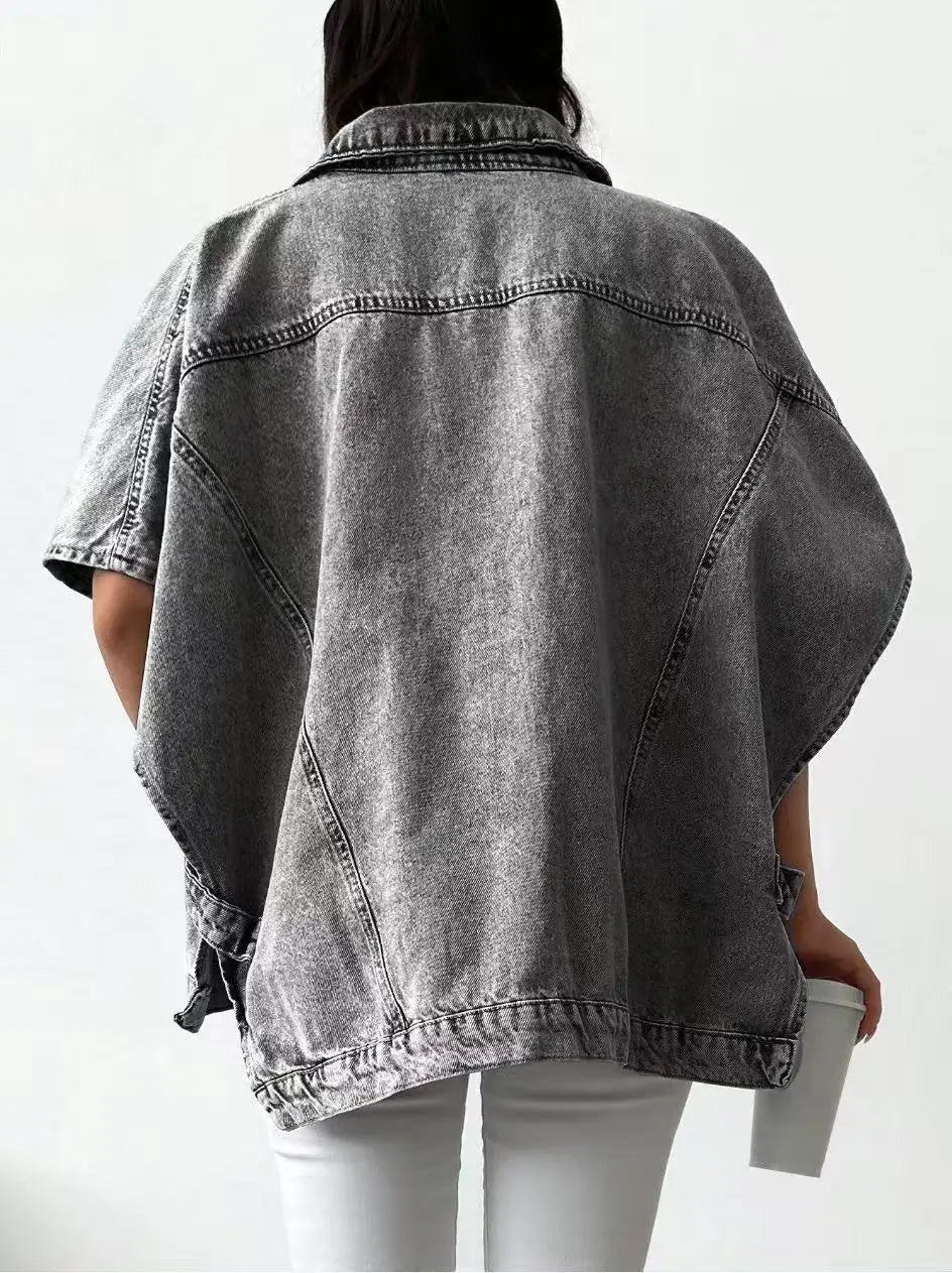Women's Gray Denim Jacket, Short-Sleeve Casual Loose Top