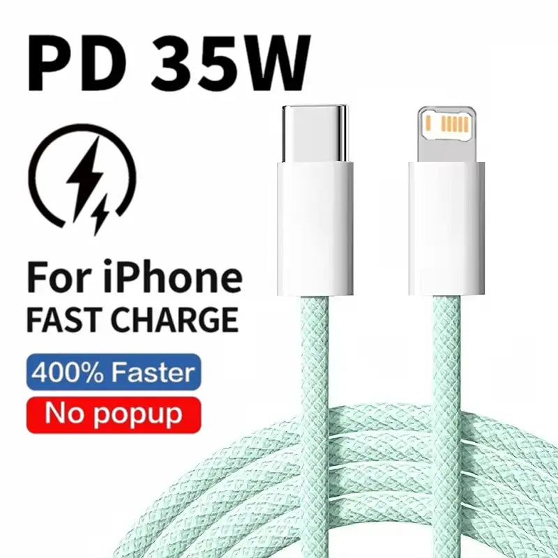 iPhoneの高速充電向けに設計された、ミントグリーンの35W高速充電USB-C編み込みケーブル（白色コネクタ付き）。