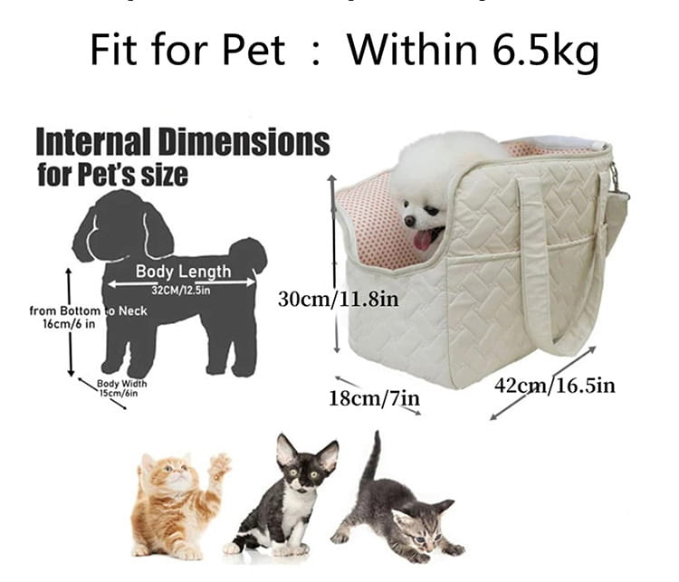 Sac pour animal de compagnie matelassé de couleur crème pour petit chien, avec doublure en maille respirante et bretelles réglables pour un usage confortable.