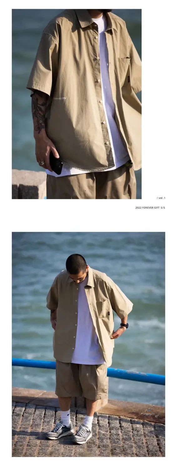 Men’s casual beige oversized button-up shirt with short sleeves and a relaxed fit suitable for everyday wear.