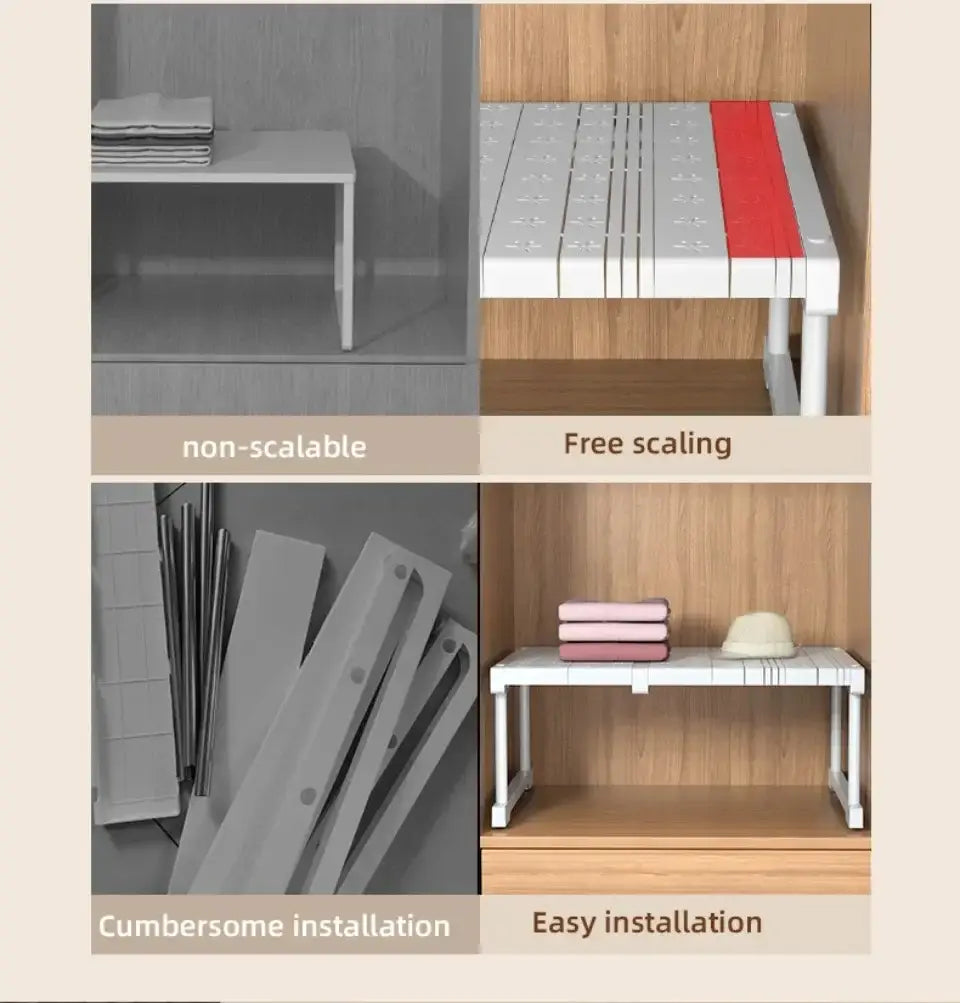 Organisateur d’armoire en plastique blanc avec bande d’accent rouge et étagères modulaires empilables pour un dimensionnement ajustable.