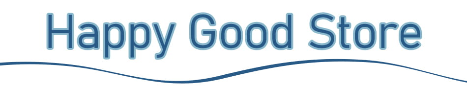 blue happy good store logo with wavy underline on a soap ball stress relief peanut fidget toy product packaging