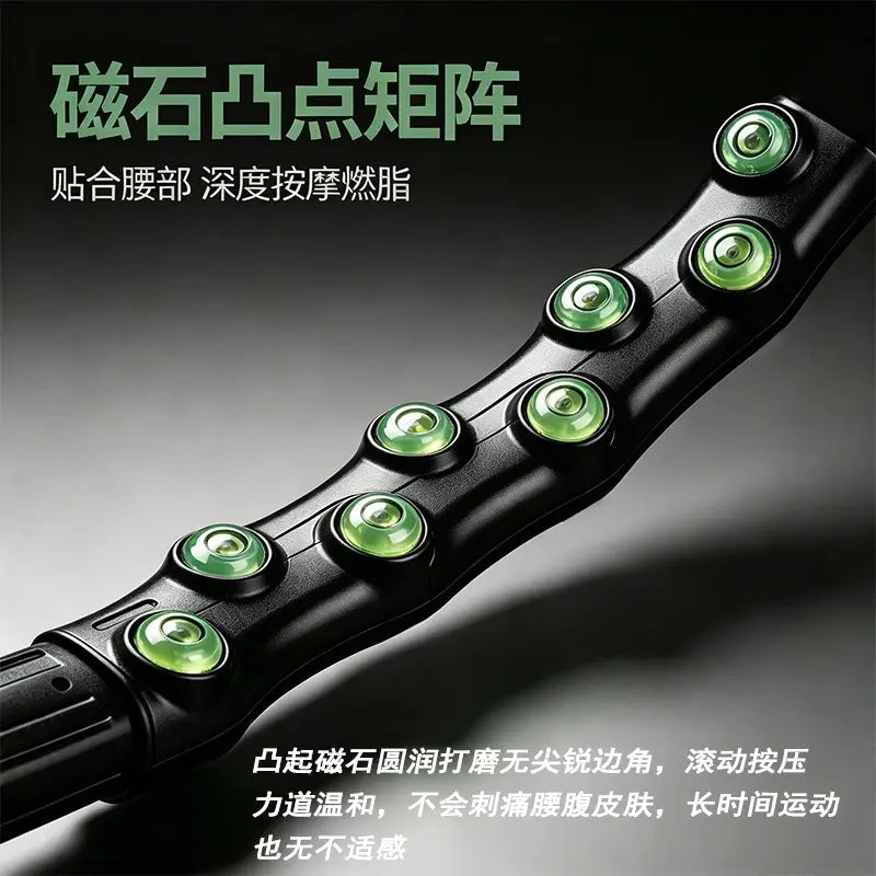 Black massage roller with seven green magnetic stones embedded in a row designed for waist shaping in the weighted magnetic fitness hoop.
