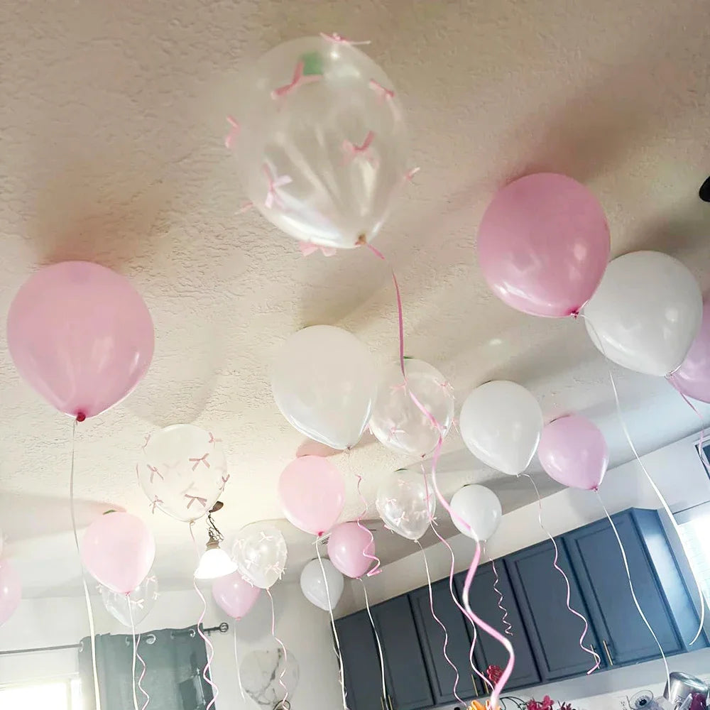 Bow Balloons Set White Balloon Mini Pink Ribbon Bows Girls Birthday Party Decor Birthday party Wedding Bridal Valentine's Day