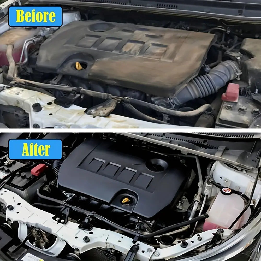 Black engine cover with a matte finish and embossed rectangular patterns shown in the context of an engine bay cleaner and plastic restorer product.