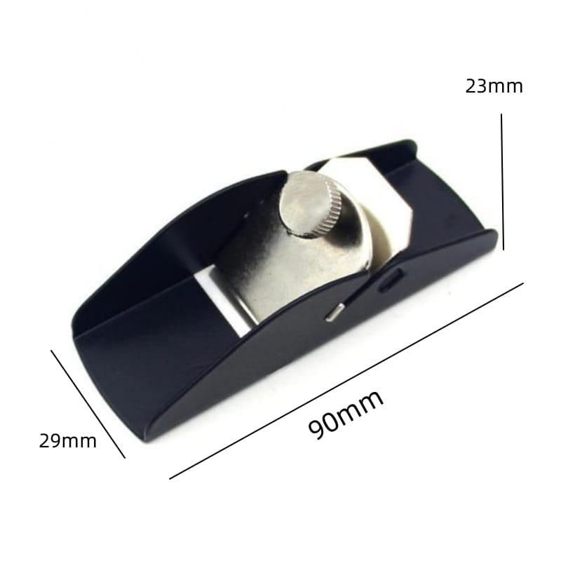 Mini wood hand planer in black plastic body with silver metal adjustable knob and blade for precise carpentry tasks.