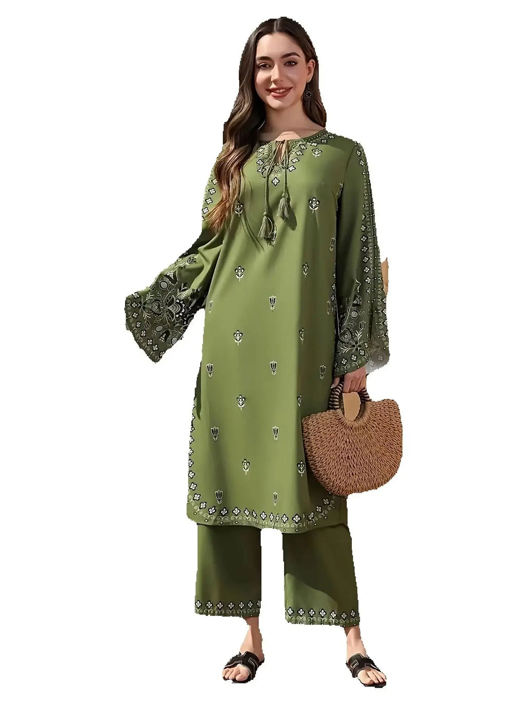 2pcs Boho Chic Ethnic Print Salwar Suit Lightweight Non-See-Through Ramadan Fashion with Flared Cuffs & Hem for Outdoor Events