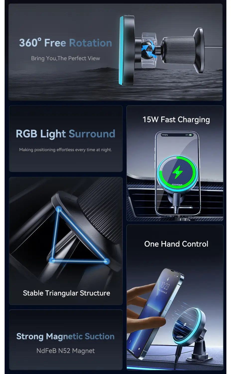 Black Essager 15w magnetic wireless car charger mount with 360 degree free rotation and RGB light surround designed for secure in-car phone charging.