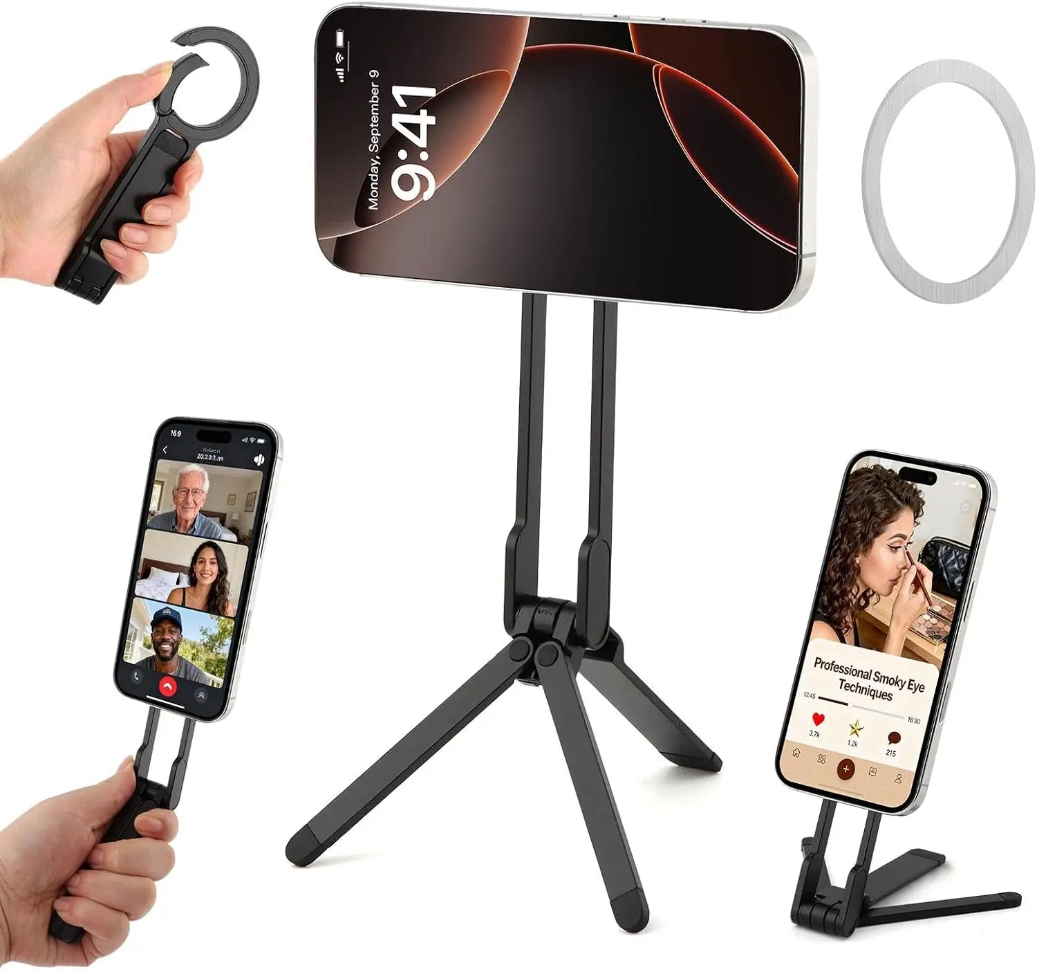 Black adjustable magnetic phone stand tripod with collapsible legs and clamp mechanism shown from a front angle