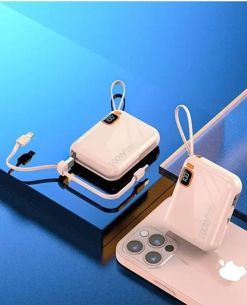 White rectangular power bank quick charge 20000mah with built-in cable and digital display for portable charging.