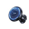 Black carbon fiber-textured magsafe car phone holder with glowing blue ring and topk branding shown from front angle