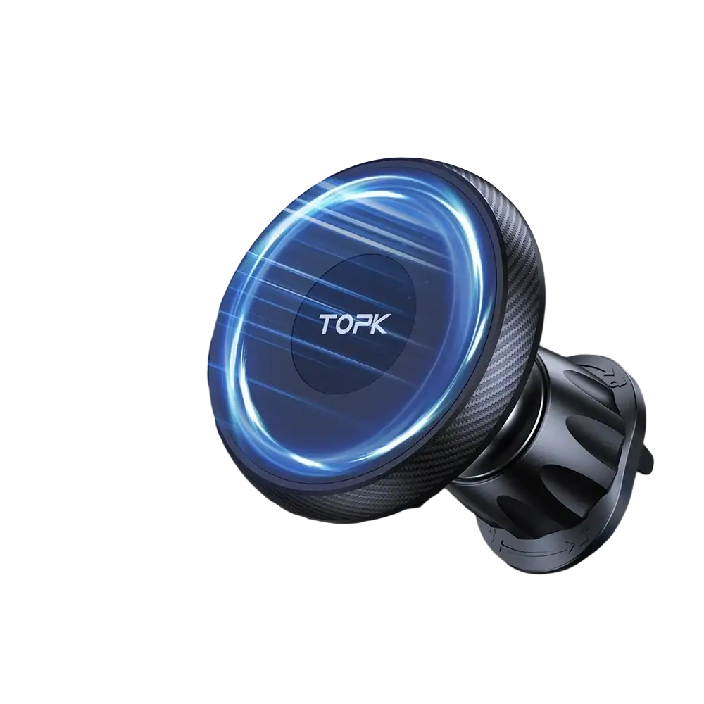 Black carbon fiber-textured magsafe car phone holder with glowing blue ring and topk branding shown from front angle