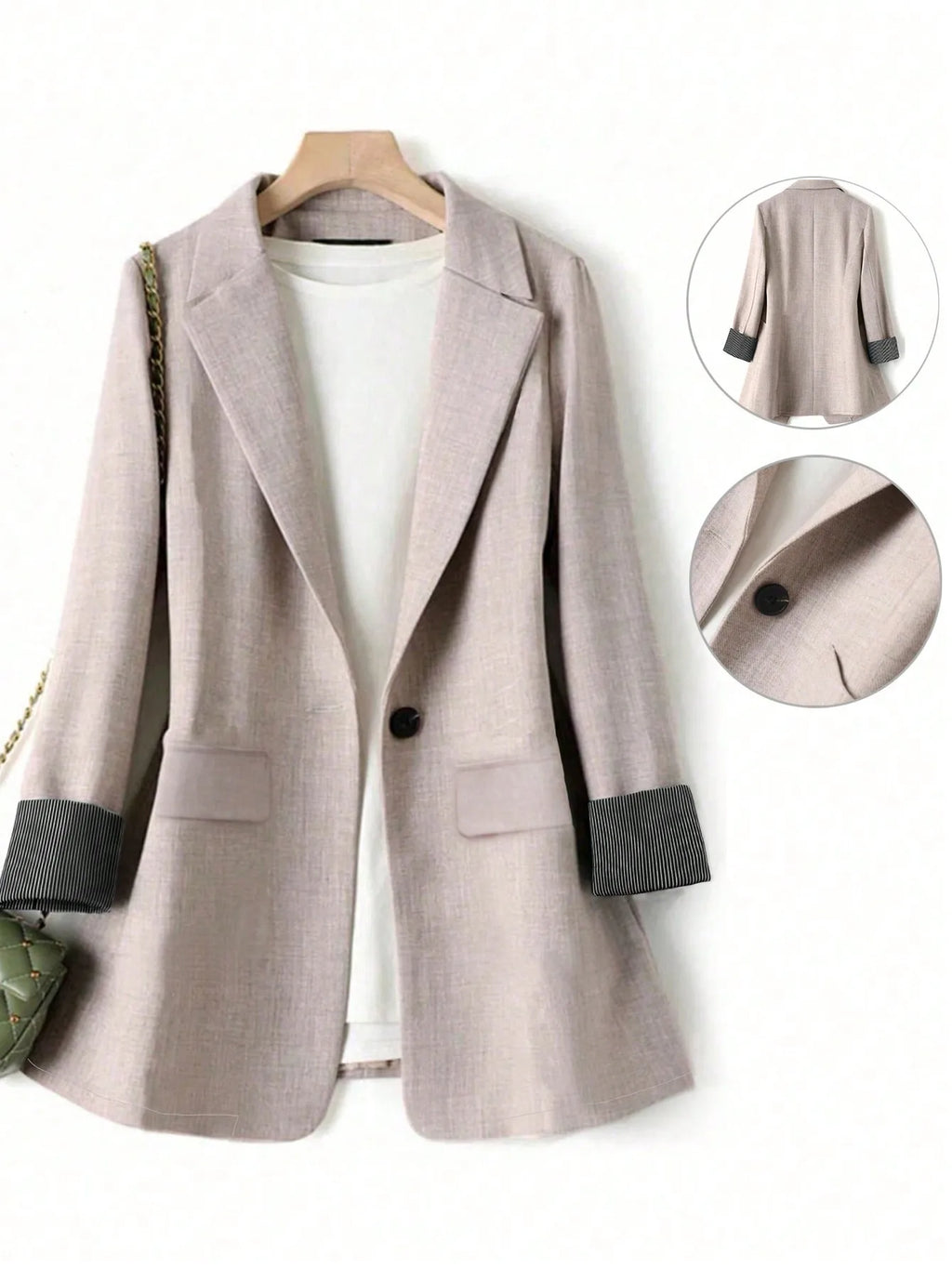 Women's Blazer Single Button Office Jacket Autumn 2026 Loose Fit Woven Fabric with Striped Cuff Lapel Collar Suit Outerwear