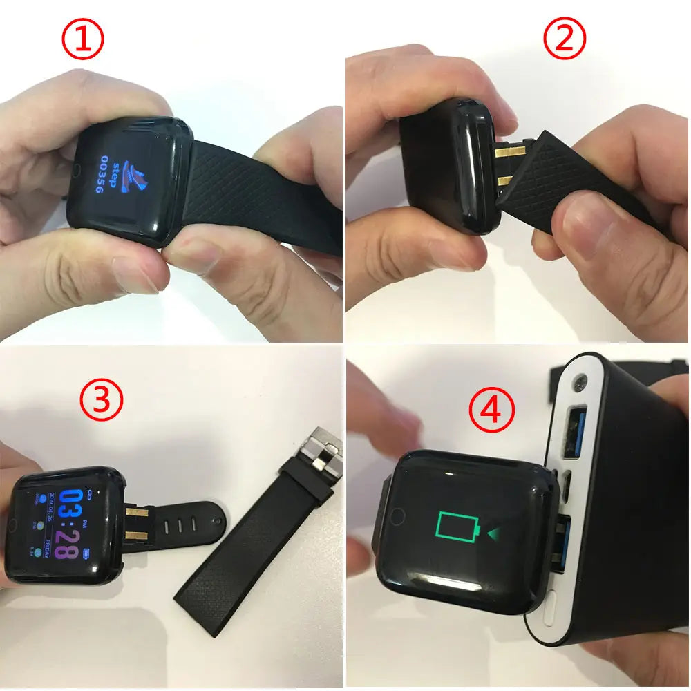 質感のあるストラップと、充電用の背面デュアルUSBポートを備えた、子ども用デジタルスポーツブレスレット型ブラックフィットネススマートウォッチ。