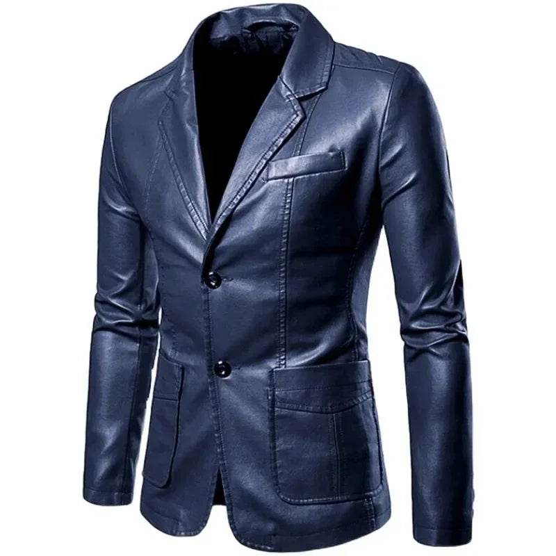 2025 Leather Blazer Man  Spring Autumn Fashion Men's Leather Jacket Dress Suit Coat Male Business Casual Pu Black Blazers Jacket