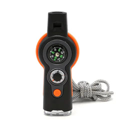 Camping Hiking 7in1 Outdoor Multifunctional Survival Whistle Flashlight Compass Thermometer Magnifier Reflector Glass Magnifying