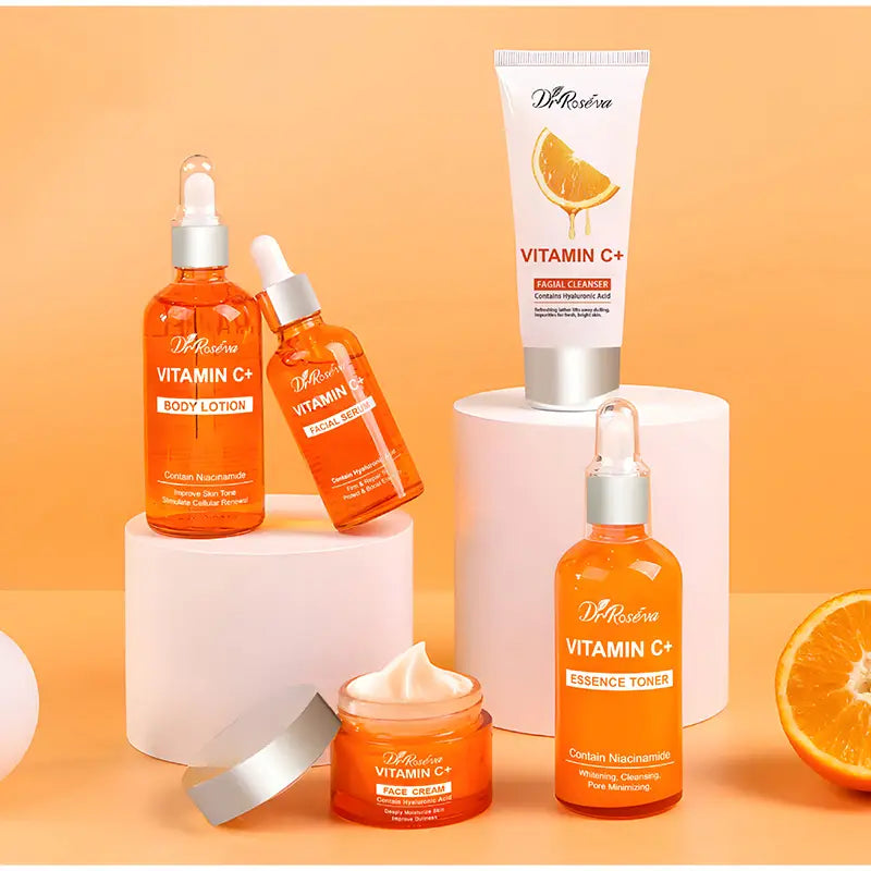Dr vitamin c brightening skincare set showing the front packaging of the products with vibrant orange and white design for daily skin brightening use