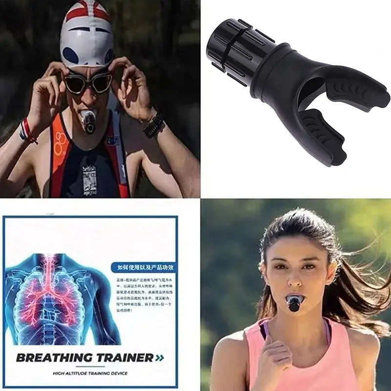 black plastic lung capacity training device with textured grip and adjustable clamp for respiratory fitness shown from the back side