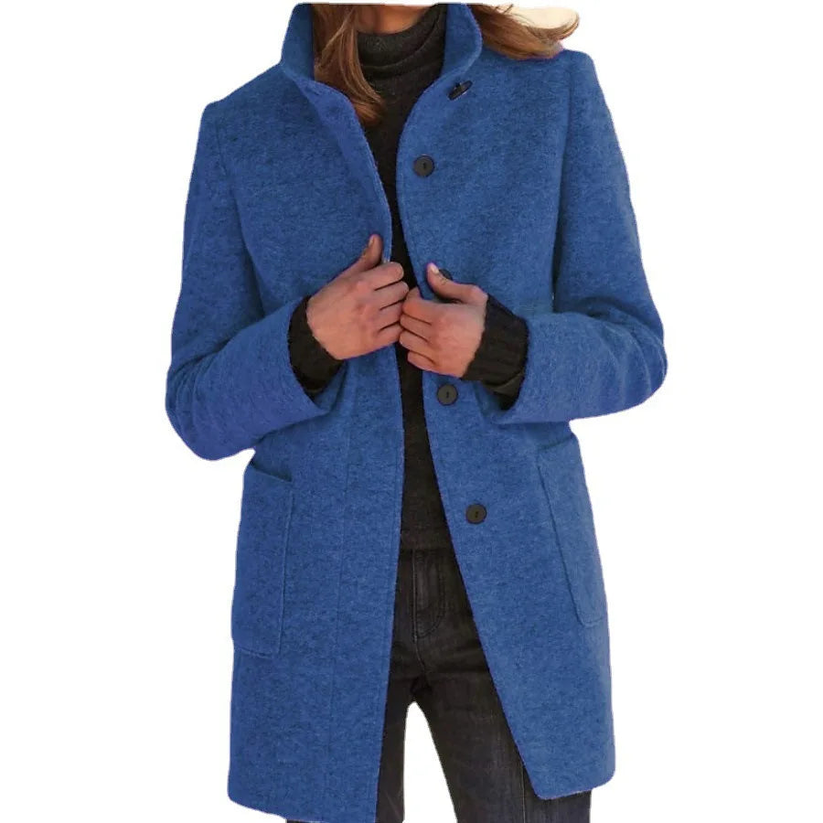 Women Blends Jacket Stand Collar Straight Jackets Solid Wool Single Breasted Coats Casual Long Sleeve Coats Pocket Autumn Winter