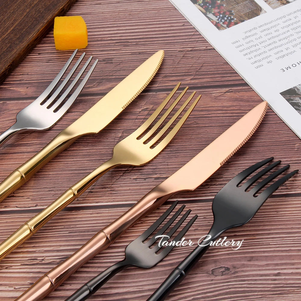 6/24/30Pcs Stainless Steel 304 Cutlery Set Sliver Tableware Western Bamboo Shaped Handle Dinner Set Knife Fork Spoon Sliverware