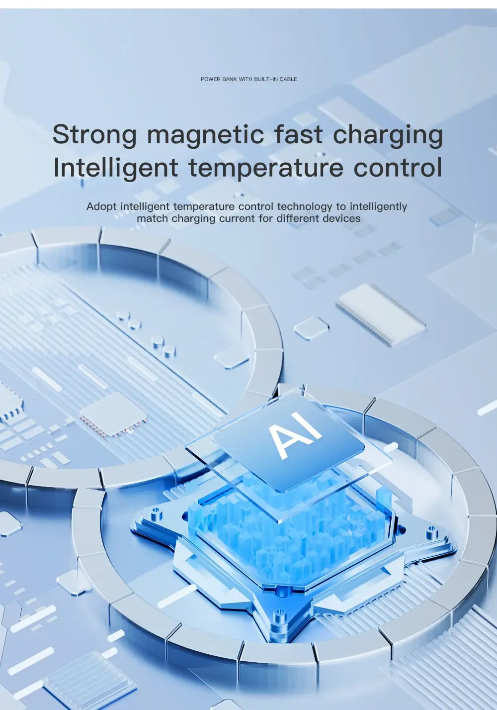Blue magnetic power bank 10000mah 20w fast charging with built-in cable, intelligent temperature control, and support for 5v=3a and 9v=2a charging.