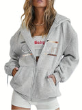 Women's Hoodie - Cozy Brown Zip-Up with White Print Casual Long Sleeve Sweatshirt  Drop Shoulder Design Relaxed Fit Winter W