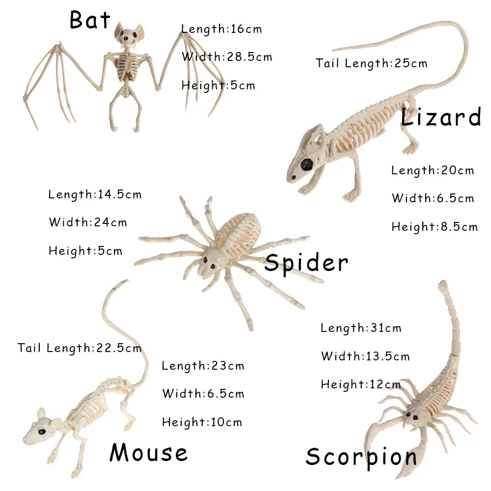 white plastic skeleton animal figurines in various poses and sizes from the halloween animal skeleton props set designed for spooky decorations.