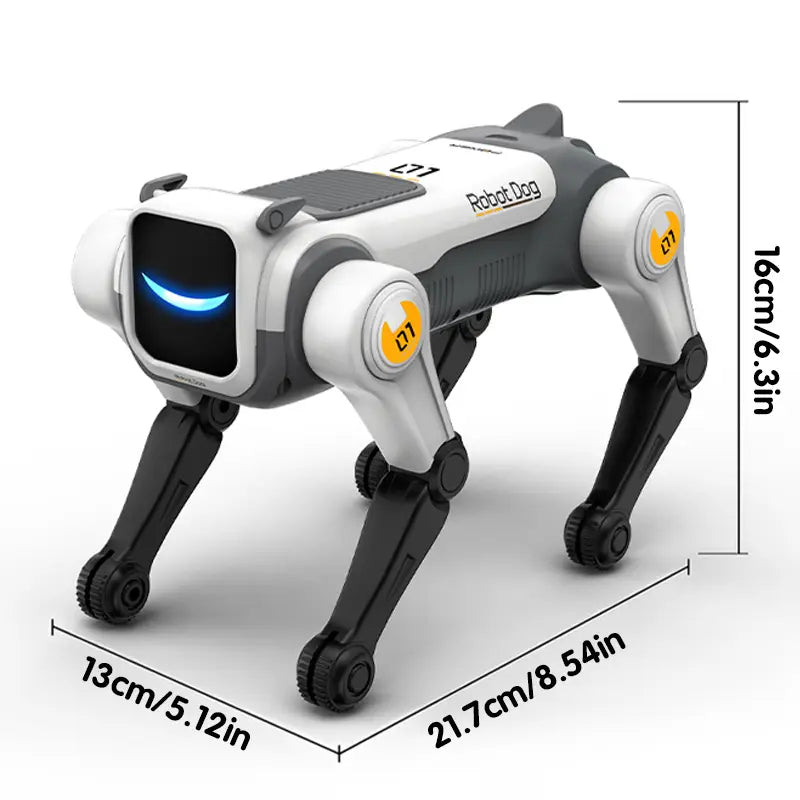 White and gray robot dog with black legs and a glowing blue smile designed as a voice control and stunt dog toy ideal for a birthday gift.