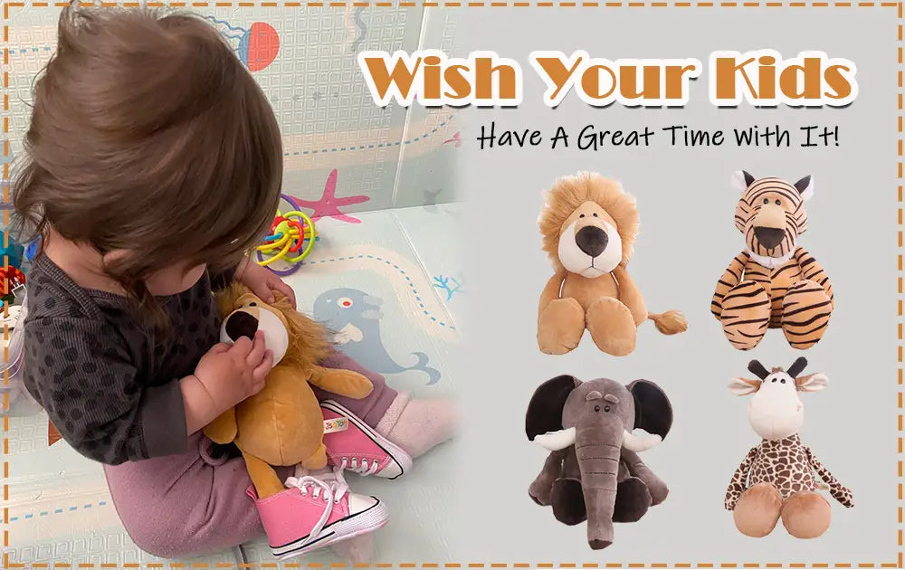 Jouet lion en peluche doux avec fourrure beige et nez noir, présenté parmi les animaux en peluche rembourrés de la collection lion éléphant tigre pour enfants.