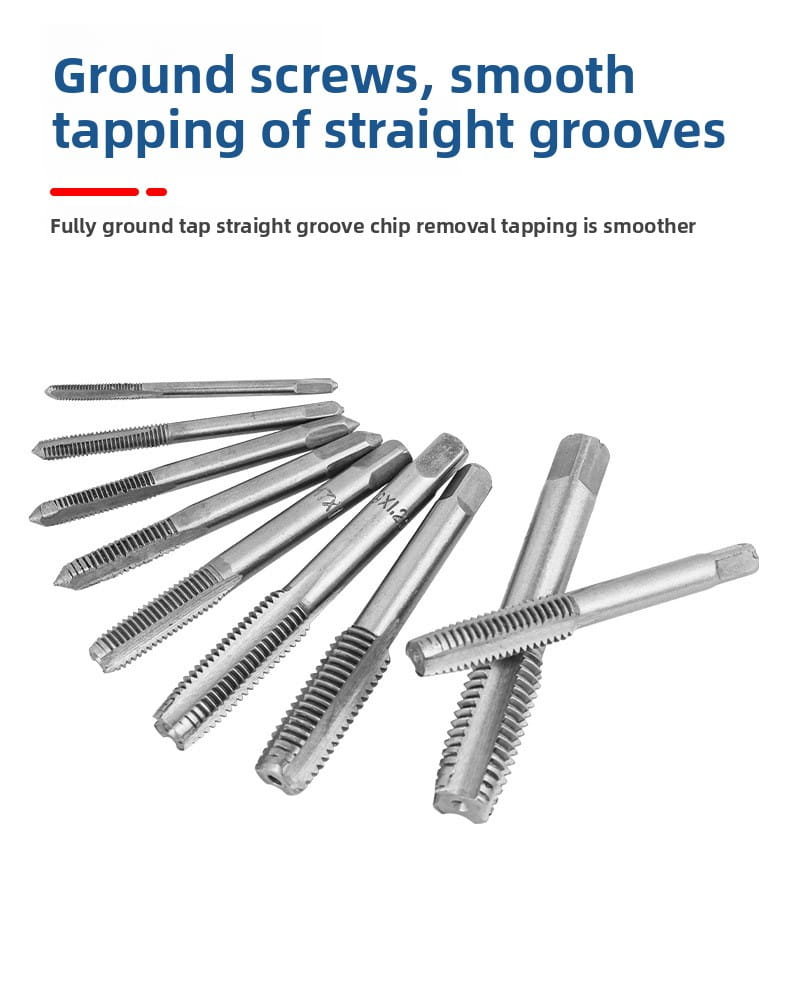 Set of metallic threaded tap tools with precision-ground straight grooves for smooth chip removal in a tap and die set thread cutting tool kit.