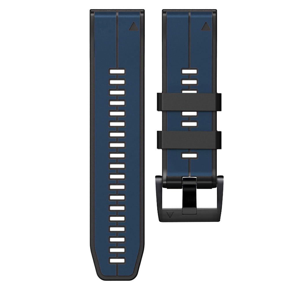 Dunkelblaues und schwarzes Silikonarmband für Garmin Fenix mit vertikalen Belüftungsschlitzen und einer robusten Schnalle für Garmin Forerunner- und Fenix-Modelle.