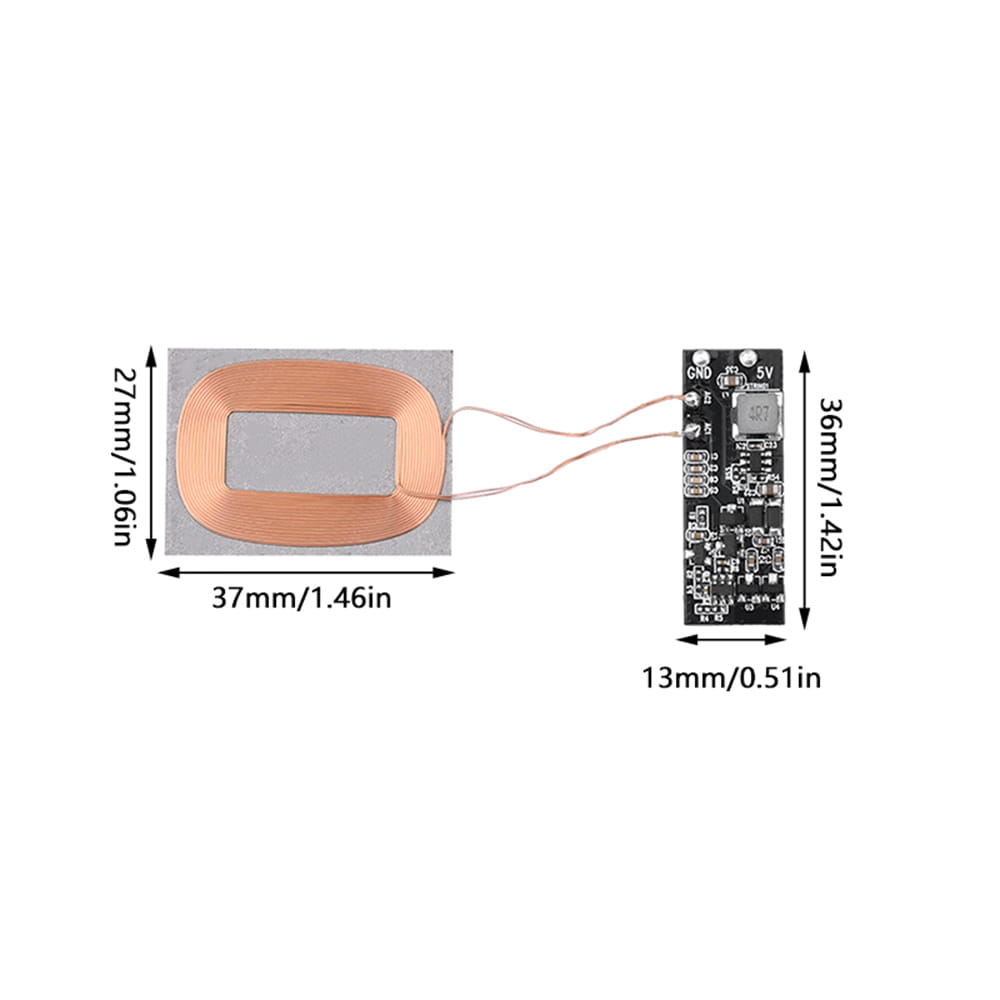 A compact rectangular wireless charging receiver module 5v pcba with a copper-colored metallic coil and attached black circuit board designed for optimal input voltage and output current with sensing distance equal features.